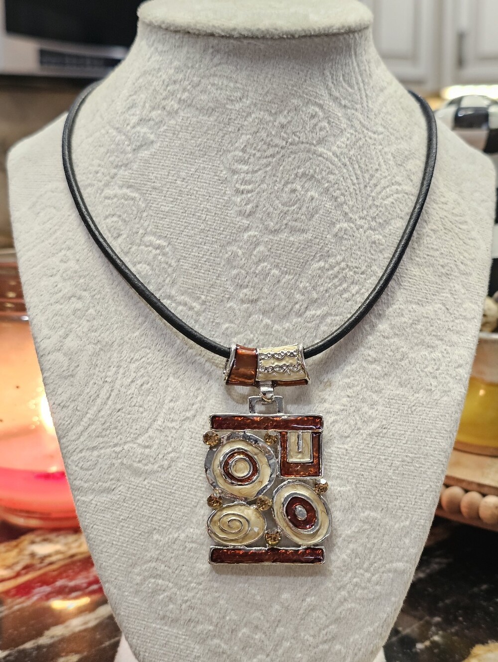 Statement Brown and Gold Pendant Necklace on Black Cord